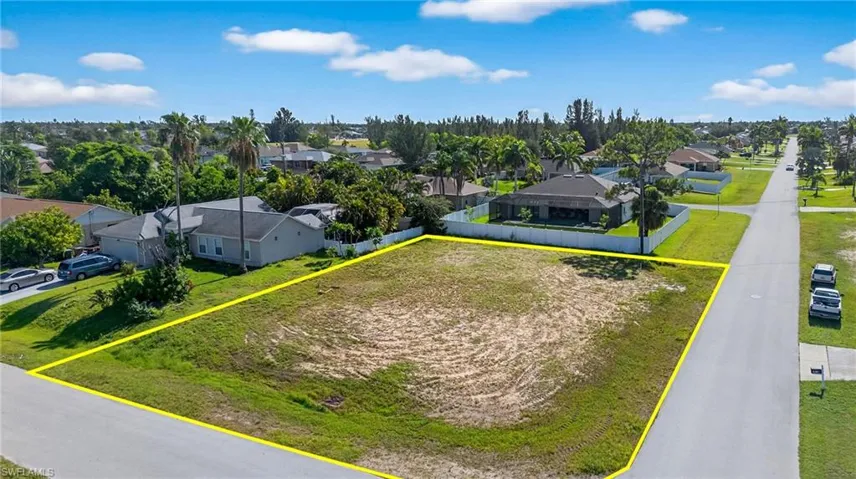 Aerial perspective of suburban area with property boundaries highlighted