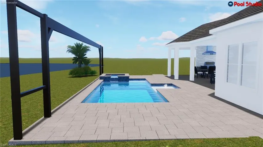 View of swimming pool with a yard and a patio area