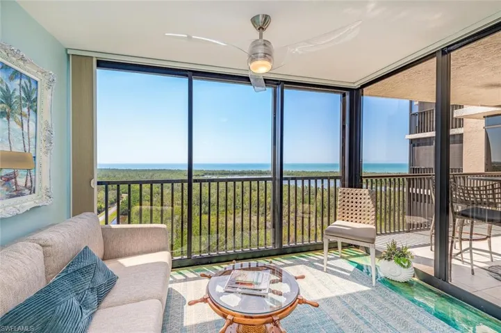Sunroom featuring a water view and a wall of windows