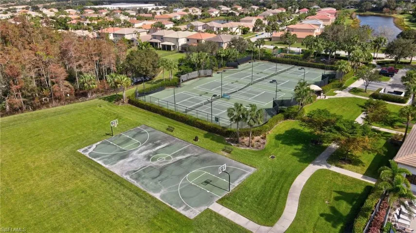 Aerial perspective of suburban area with a nearby body of water