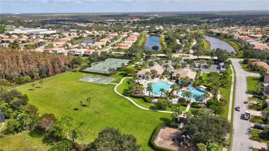 Aerial perspective of suburban area with a nearby body of water
