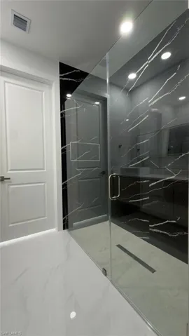 Glass-enclosed shower with a linear drain and black veined wall panels