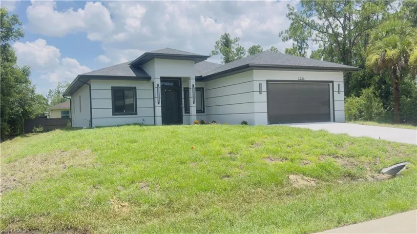 Contemporary single-story residence featuring a dark shingle roof, light-colored stucco exterior with horizontal accents, and dark-framed windows
