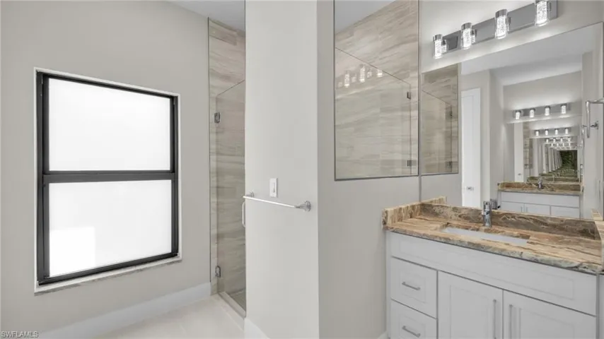 Full bathroom featuring vanity and a shower stall