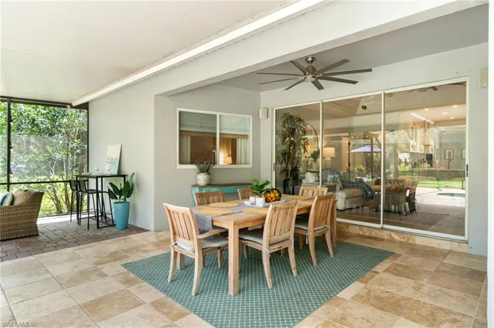 The outdoor covered space has built-in surround sound speakers