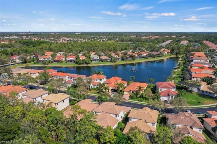 Aerial perspective of suburban area featuring a large body of water