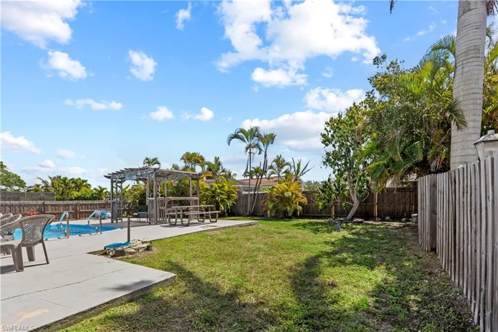 Fenced backyard featuring a patio and a pergola