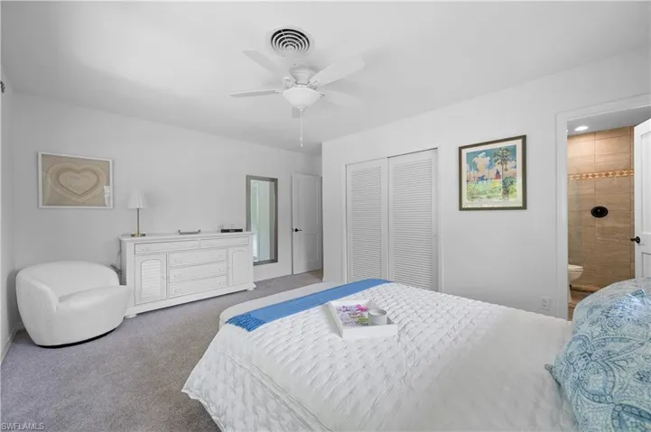 Carpeted bedroom with a ceiling fan, a closet, and connected bathroom