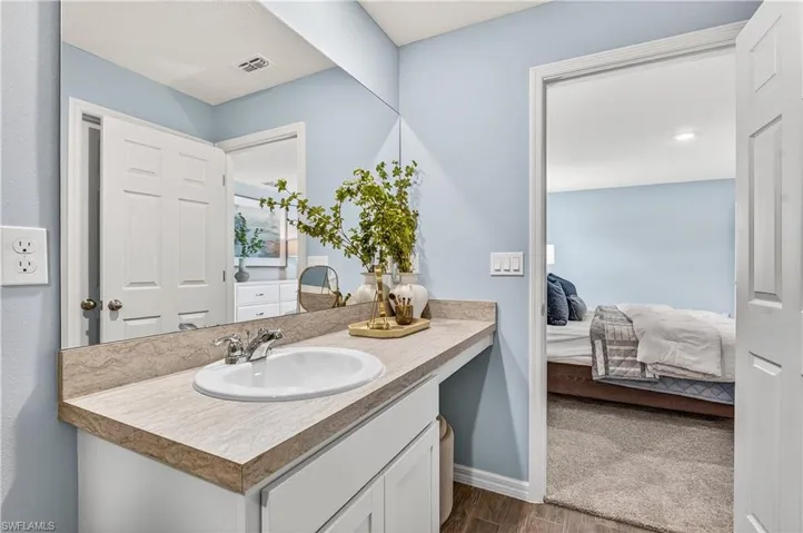 Bathroom featuring ensuite bathroom, vanity, and dark wood-style floors