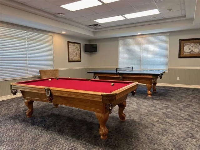 Game room with dark carpet, pool table, and a paneled ceiling