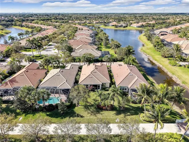 Birds eye view of property featuring a water view and a residential view