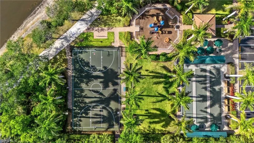 Drone / aerial view of playground, basketball court and bocce courts
