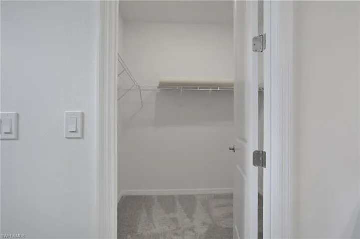 Walk in closet featuring light colored carpet