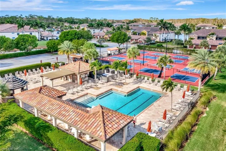 Community pool featuring a patio, a pergola, and a residential view