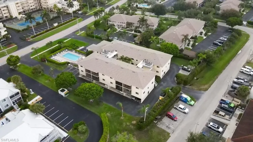 Drone / aerial view of a pool area