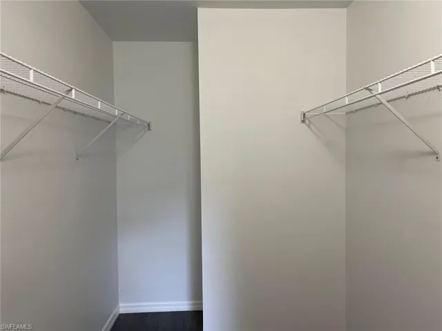 Primary Walk in closet with dark wood-style flooring
