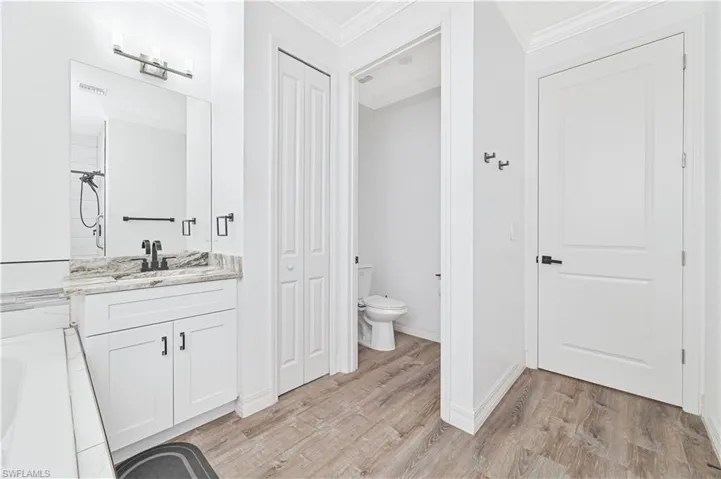 Bathroom featuring ornamental molding, vanity, wood finished floors, a tub, and a closet