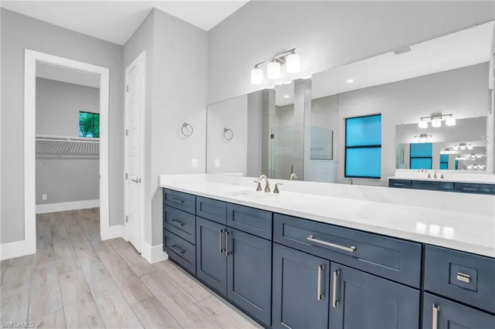 Bathroom with vanity, hardwood / wood-style floors, and walk in shower