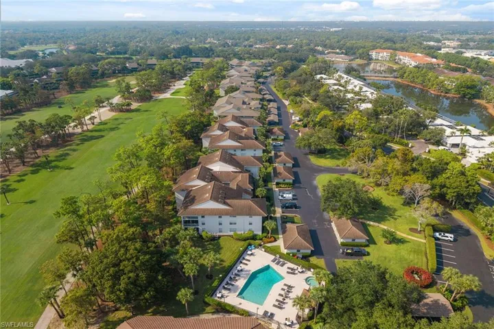 Aerial perspective of suburban area featuring a pool area
