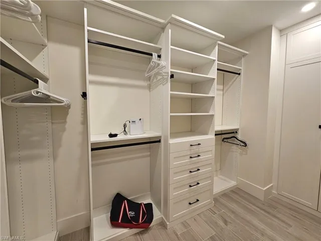 Spacious closet featuring light wood-style flooring