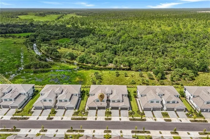 Aerial perspective of suburban area featuring a forest