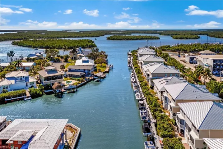 Birds eye view of property with a water view