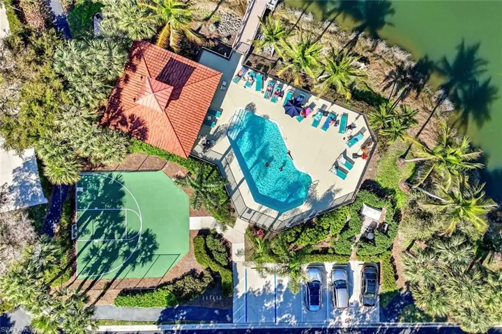 Overhead view of additional pool and basketball court.