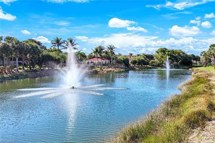 A softly flowing fountain adds a soothing ambiance to the outdoor space.