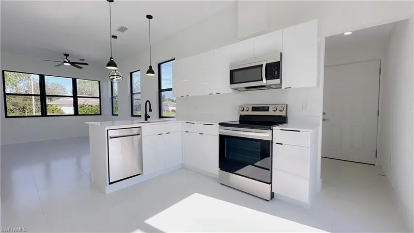 Kitchen with appliances with stainless steel finishes, white cabinets, a peninsula, decorative light fixtures, and modern cabinets