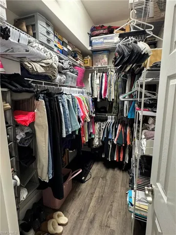 Walk in closet with dark wood finished floors