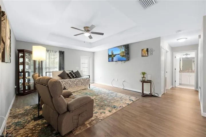 Living room featuring ceiling fan, a raised ceiling, and wood-type flooring