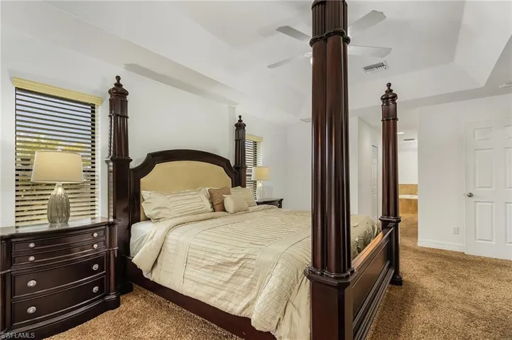 Carpeted bedroom with ensuite bathroom and ceiling fan