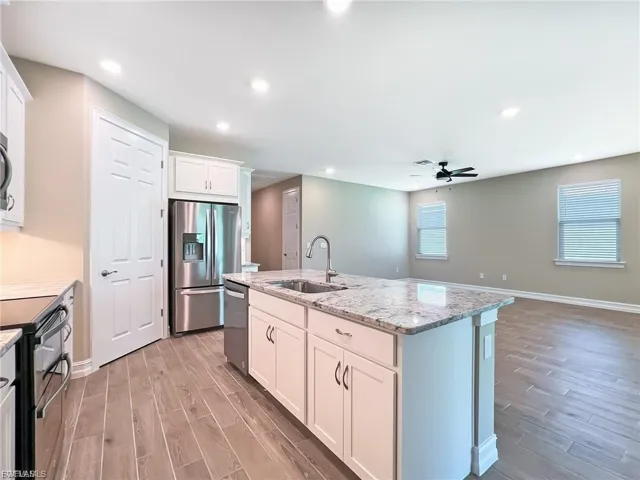 Kitchen with white cabinets, stainless steel appliances, wood finish floors, open floor plan, and recessed lighting