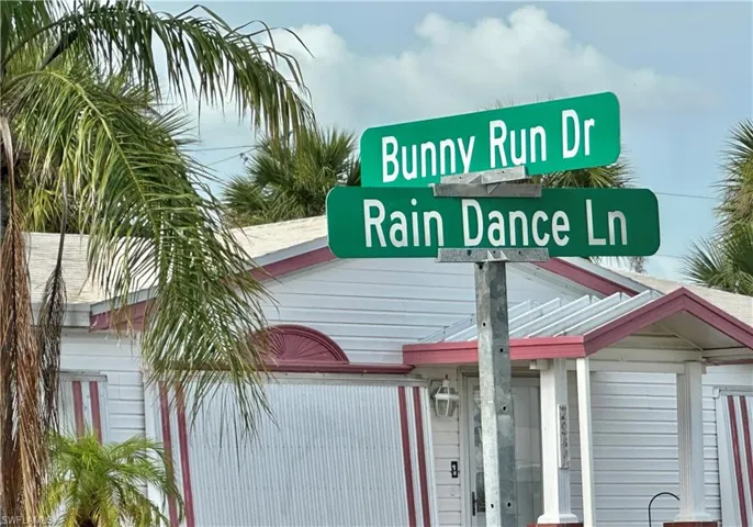 View of the street signage of Rain Dance to Bunny Run