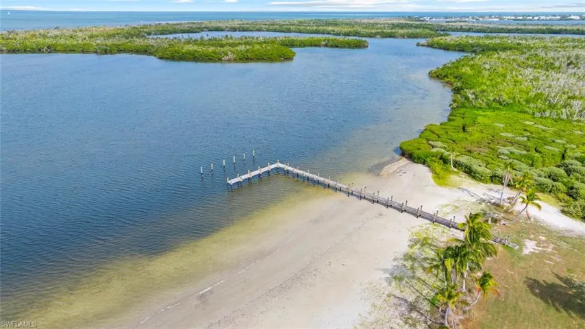 DOCK #4 The property features a private dock extending into the water, a sandy shoreline, and abundant green vegetation
