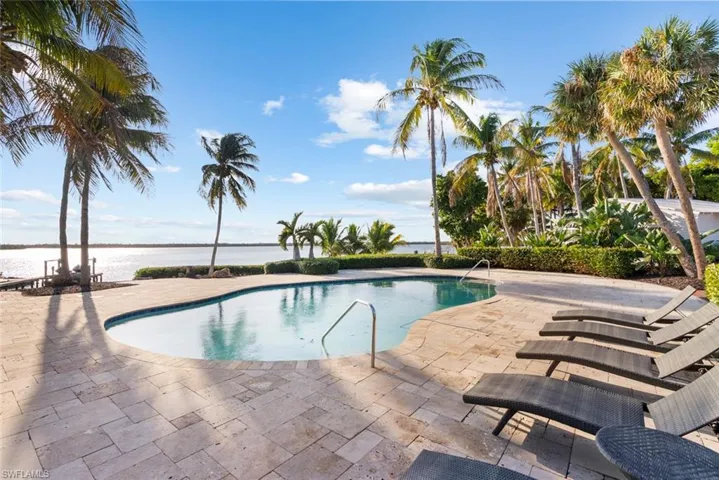 POOL - The property features an irregular-shaped swimming pool with a paved surround, set against a backdrop of numerous palm trees and a body of water under a clear sky