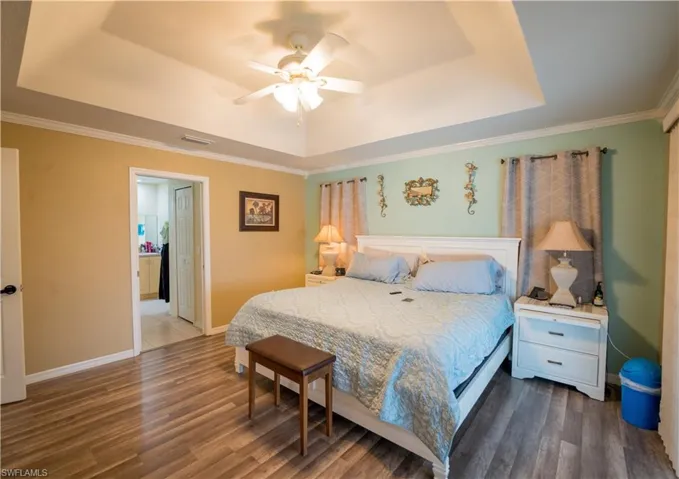 Master bedroom w/tray ceiling & dark vinyl flooring