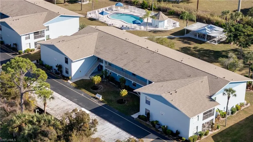 View from above of property with a pool