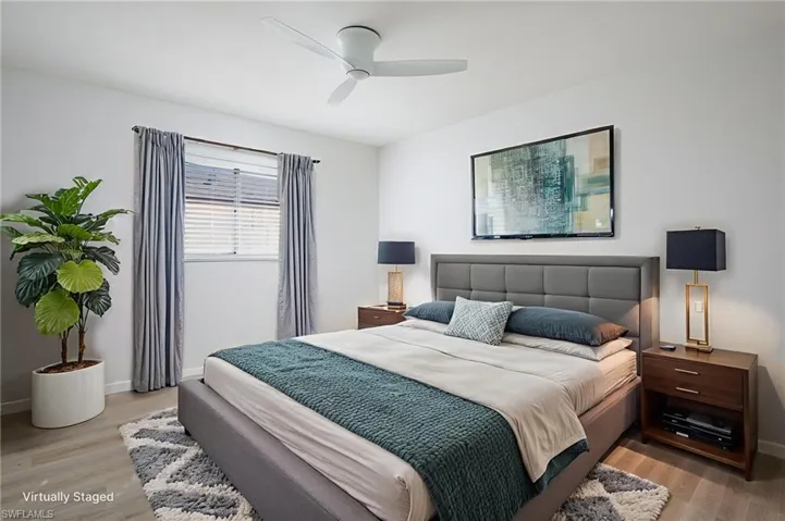Bedroom featuring light wood finished floors and a new light/ceiling fan