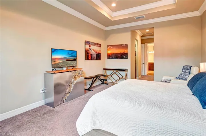 Carpeted bedroom with a tray ceiling and crown molding