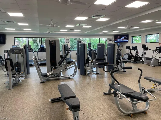 Exercise room with a drop ceiling, healthy amount of natural light, and a ceiling fan