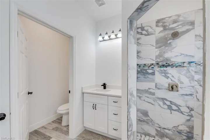 Bathroom with vanity, toilet, wood-type flooring, and walk in shower