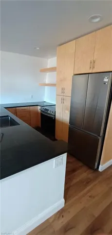 Kitchen featuring open shelves, stainless steel appliances, dark wood-style floors, light wood finish cabinetry, and recessed lighting
