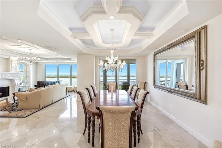 The dining room showcases expansive water views.