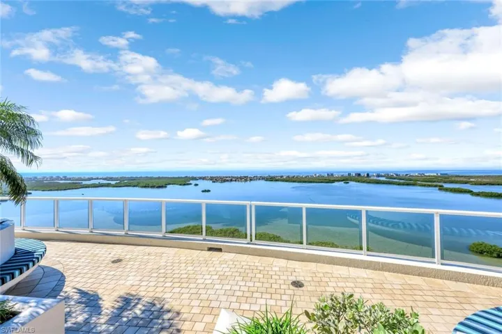 Rooftop terrace vantage point highlighting unobstructed panoramic views over the bay.