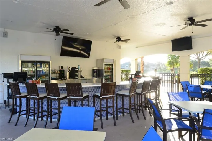 View of patio featuring ceiling fan and an outdoor bar
