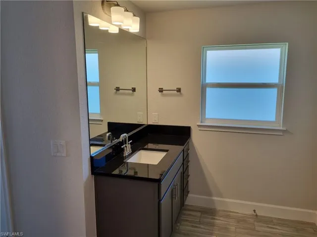 Bathroom featuring vanity and wood-type flooring