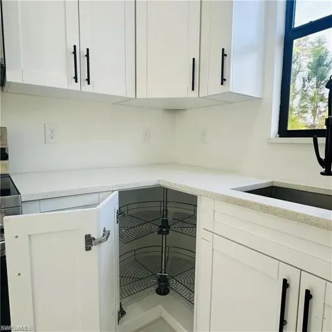 Modern kitchen featuring white shaker cabinetry with matte black hardware, light-toned countertops, and a corner cabinet with pull-out shelving