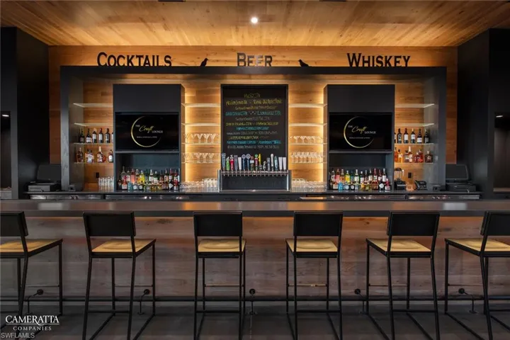 Indoor dry bar featuring wood ceiling