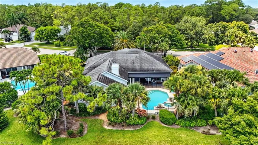View from above of property with a pool area
